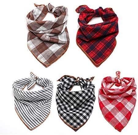 Dog Bandana- 5pcs Washable Dog Bandanas Square Plaid Printing Dog Kerchief Set Scarf Accessories for Small to Large Dogs Cats Pets Reversible