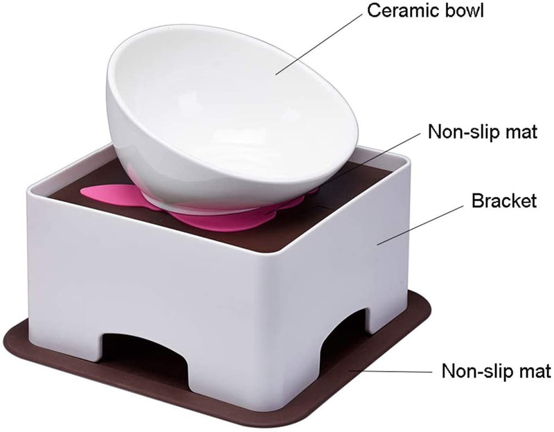 Elevated Tilted Dog Bowls Set with Adjustment Bracket,Ceramics Single Food Feeding Dish for Flat Face Dogs, Double Non-Slip Design