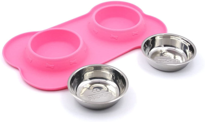 Double Bowl Pet Feeder Stainless Steel Food Water Bowls with No Spill Silicone Mat for Dogs Cats