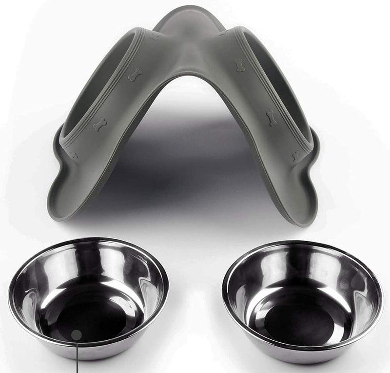 Dog Bowls with Anti-Overflow and Anti-Skid Silicone Dog Food Mat, Stainless Steel Feeder Easy to Clean for Small Medium Large Dogs Cats Pets