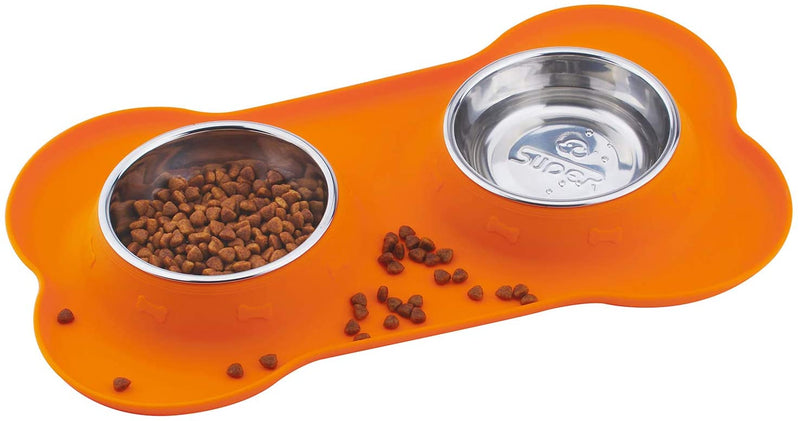 Double Bowl Pet Feeder Stainless Steel Food Water Bowls with No Spill Silicone Mat for Dogs Cats