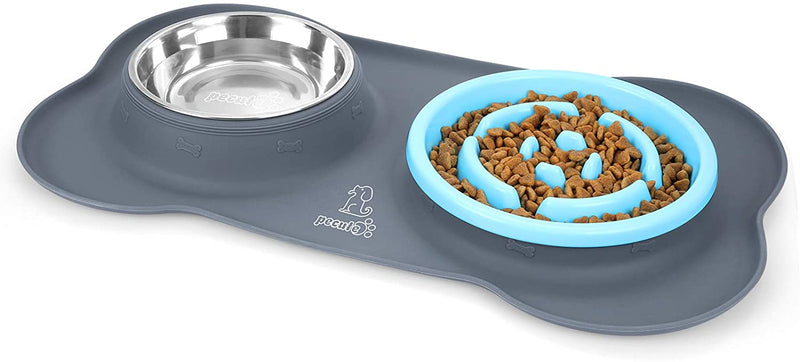 Dog Bowl Slow Feeder Bloat Stop Pet Bowl Fun Feeder Eco-Friendly Non-Toxic No Choking Healthy Design Bowl with No-Spill Non-Skid Silicone Mat Stainless Steel Water Bowl for Dogs Cats and Pets