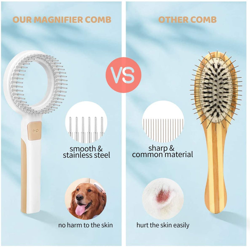 Dog Hair Brush for Grooming Pet Deshedding Comb for Long & Short Haired Cats Effectively Remove Mats, Tangles, Loose Hair, Undercoat Treatment with Magnifier Ring Design and Stainless