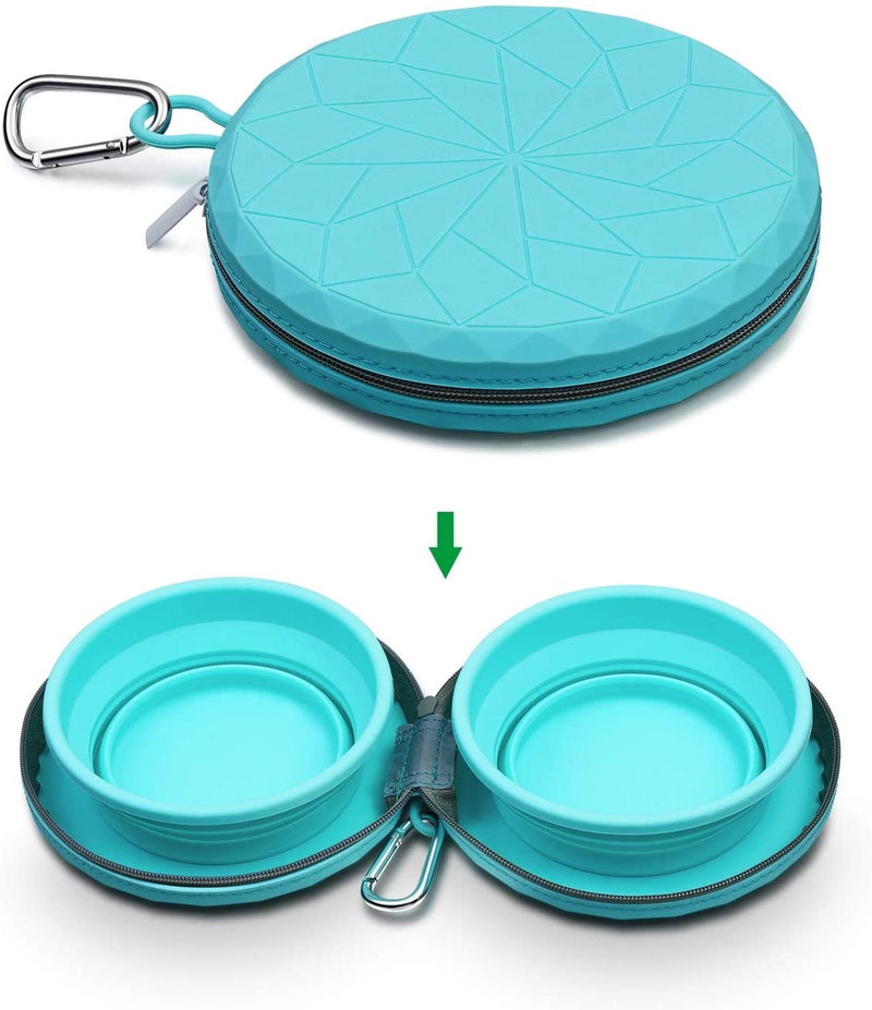 Dog Bowls with Zipper Silicone Case, Foldable Travel Dog Bowls, Expandable Cup Dish, No Spill Non-Skid Silicone Pet Food and Water Feeder Bowl with Carabiner Clip