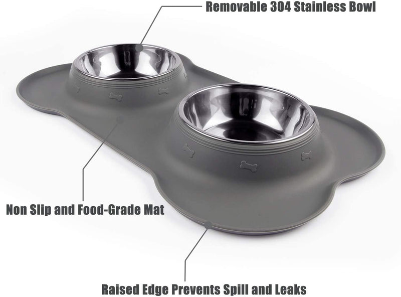 Dog Bowls with Anti-Overflow and Anti-Skid Silicone Dog Food Mat, Stainless Steel Feeder Easy to Clean for Small Medium Large Dogs Cats Pets