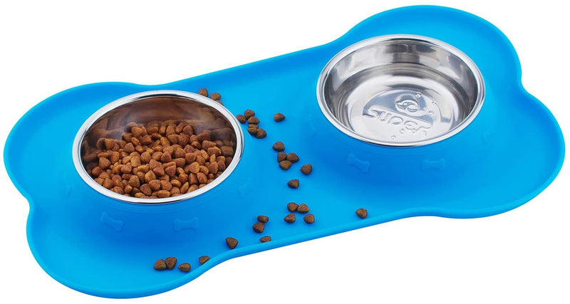 Double Bowl Pet Feeder Stainless Steel Food Water Bowls with No Spill Silicone Mat for Dogs Cats