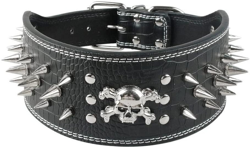 Dogs Kingdom 3" Wide 22"-26" Length Punk Skull Charm Sharp Spiked Studded Dog Pet Collar German Shepherd Pitbull Boxer Bulldog Collar