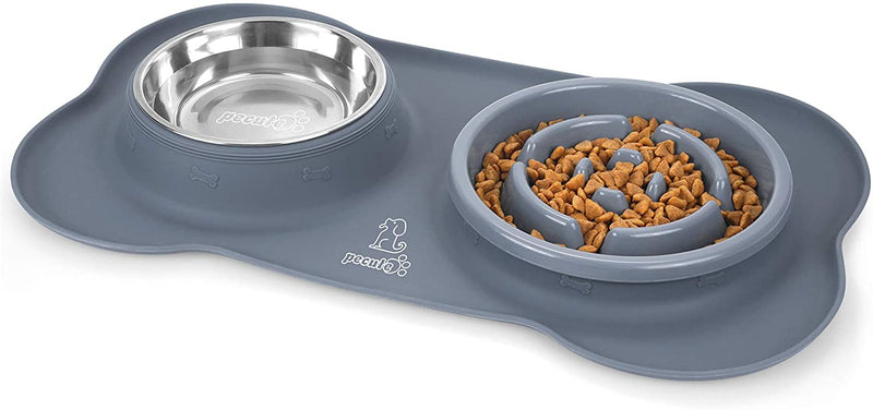 Dog Bowl Slow Feeder Bloat Stop Pet Bowl Fun Feeder Eco-Friendly Non-Toxic No Choking Healthy Design Bowl with No-Spill Non-Skid Silicone Mat Stainless Steel Water Bowl for Dogs Cats and Pets