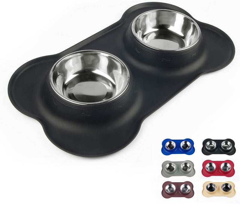 Dog Bowls with Anti-Overflow and Anti-Skid Silicone Dog Food Mat, Stainless Steel Feeder Easy to Clean for Small Medium Large Dogs Cats Pets