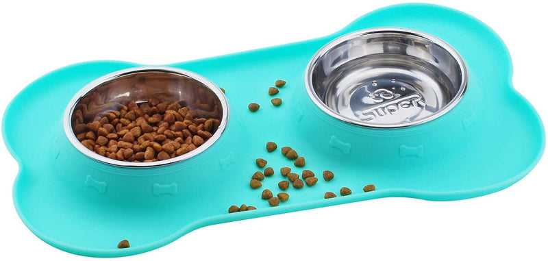 Double Bowl Pet Feeder Stainless Steel Food Water Bowls with No Spill Silicone Mat for Dogs Cats