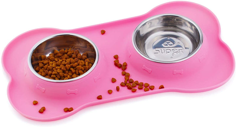 Double Bowl Pet Feeder Stainless Steel Food Water Bowls with No Spill Silicone Mat for Dogs Cats