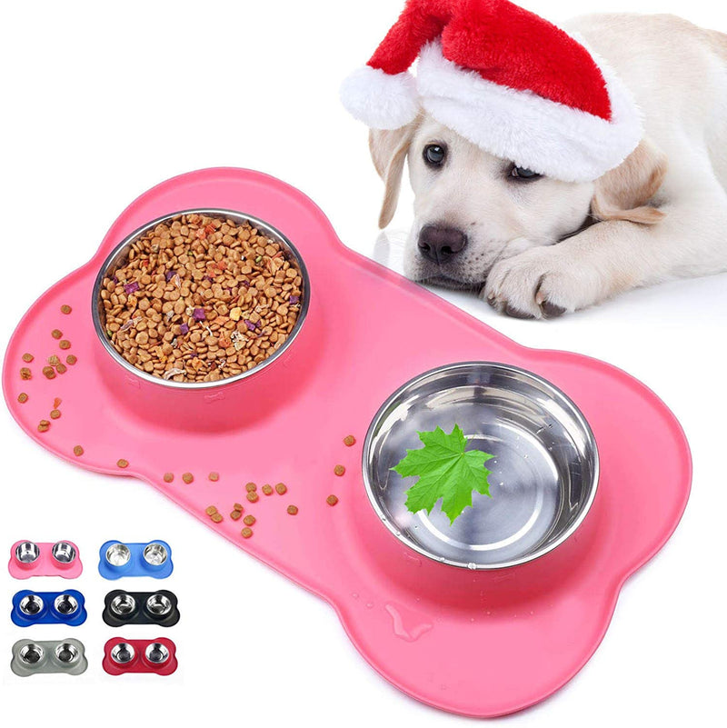 Dog Bowls with Anti-Overflow and Anti-Skid Silicone Dog Food Mat, Stainless Steel Feeder Easy to Clean for Small Medium Large Dogs Cats Pets