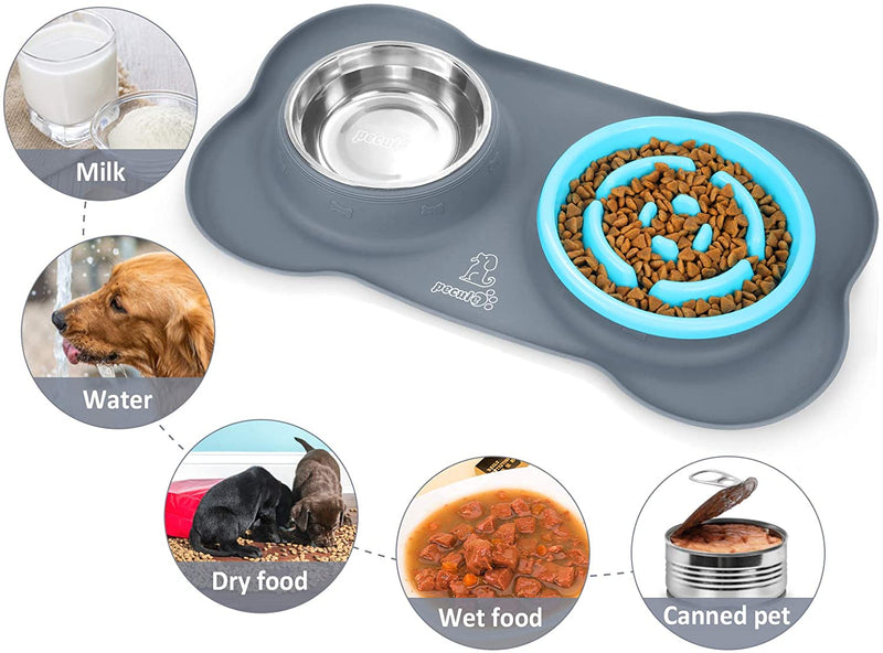 Dog Bowl Slow Feeder Bloat Stop Pet Bowl Fun Feeder Eco-Friendly Non-Toxic No Choking Healthy Design Bowl with No-Spill Non-Skid Silicone Mat Stainless Steel Water Bowl for Dogs Cats and Pets