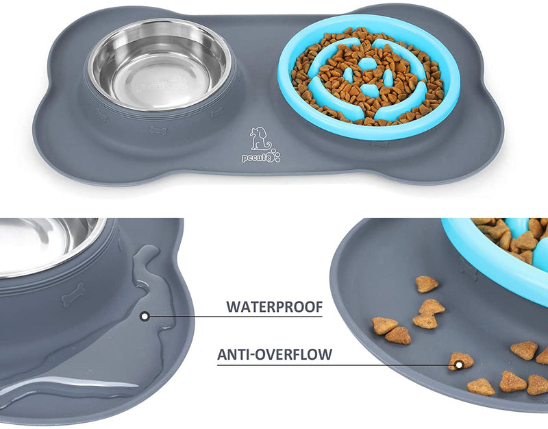 Dog Bowl Slow Feeder Bloat Stop Pet Bowl Fun Feeder Eco-Friendly Non-Toxic No Choking Healthy Design Bowl with No-Spill Non-Skid Silicone Mat Stainless Steel Water Bowl for Dogs Cats and Pets