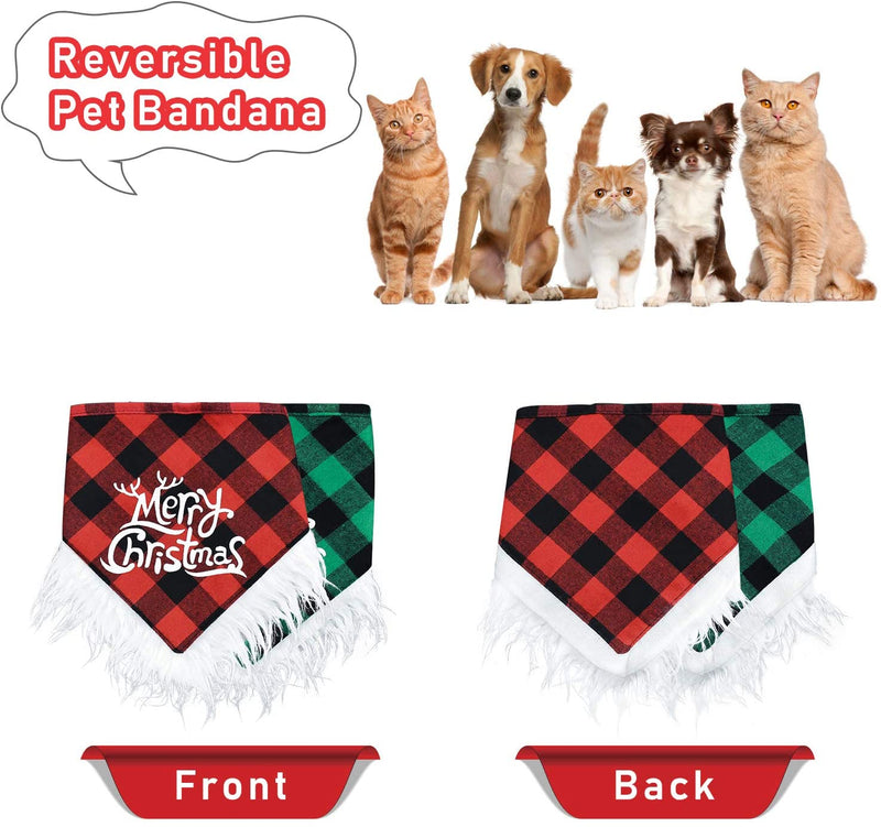 Dog Bandana, Christmas Classic Buffalo Plaid with White Plush Edges Printing Dog Bandana, Pets Scarf Triangle Bibs Kerchief Costume Accessories for Small Medium Large Dogs Cats Pets