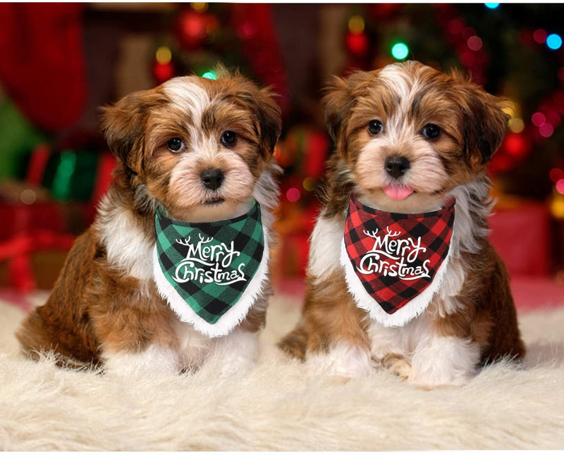 Dog Bandana, Christmas Classic Buffalo Plaid with White Plush Edges Printing Dog Bandana, Pets Scarf Triangle Bibs Kerchief Costume Accessories for Small Medium Large Dogs Cats Pets