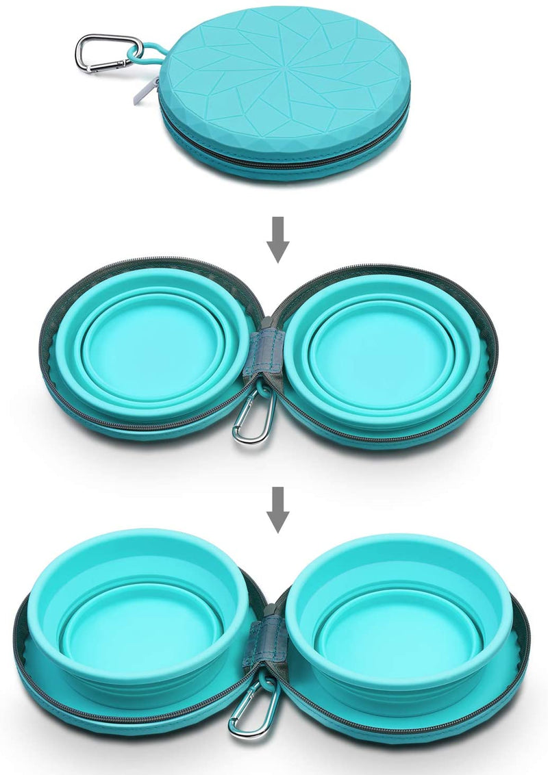 Dog Bowls with Zipper Silicone Case, Foldable Travel Dog Bowls, Expandable Cup Dish, No Spill Non-Skid Silicone Pet Food and Water Feeder Bowl with Carabiner Clip