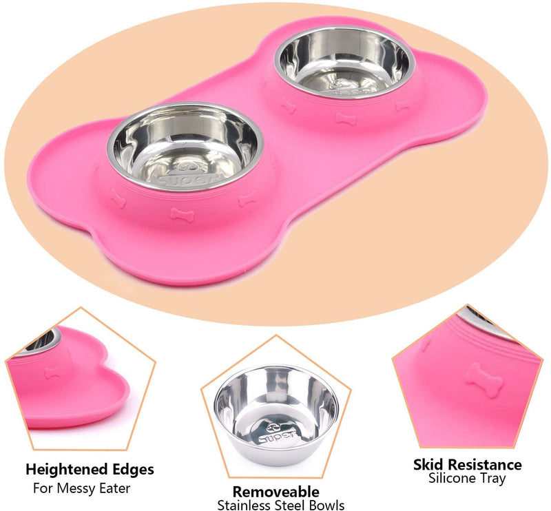 Double Bowl Pet Feeder Stainless Steel Food Water Bowls with No Spill Silicone Mat for Dogs Cats