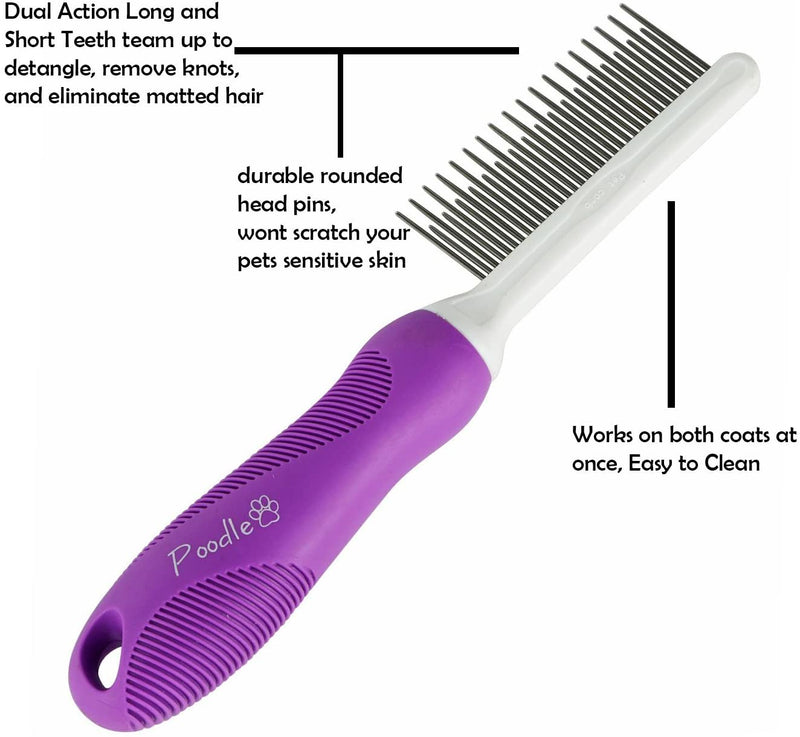 Pet Comb with Long & Short Stainless Steel Teeth for Removing Matted Fur, Knots & Tangles – Detangler Tool Accessories for Safe & Gentle DIY Dog & Cat Grooming (Grooming Comb)