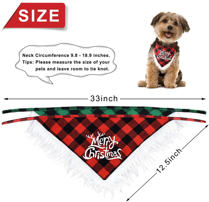 Dog Bandana, Christmas Classic Buffalo Plaid with White Plush Edges Printing Dog Bandana, Pets Scarf Triangle Bibs Kerchief Costume Accessories for Small Medium Large Dogs Cats Pets