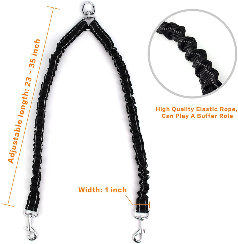 Pet Dog Double Leashes - No Tangle Dog Leash Coupler, Comfortable Shock Absorbing Reflective Bungee Lead for Nighttime Safety, Dual Dog Training Leash for Small, Medium & Large Dogs (Black)