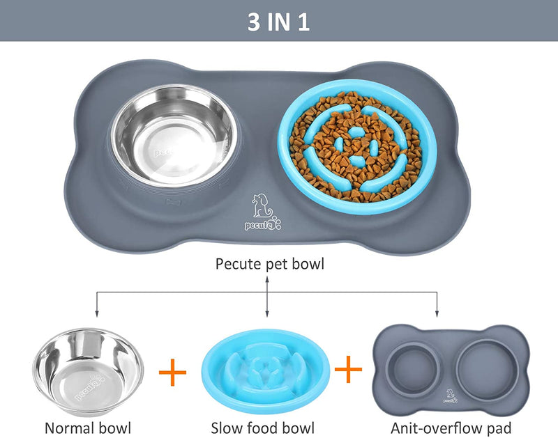 Dog Bowl Slow Feeder Bloat Stop Pet Bowl Fun Feeder Eco-Friendly Non-Toxic No Choking Healthy Design Bowl with No-Spill Non-Skid Silicone Mat Stainless Steel Water Bowl for Dogs Cats and Pets