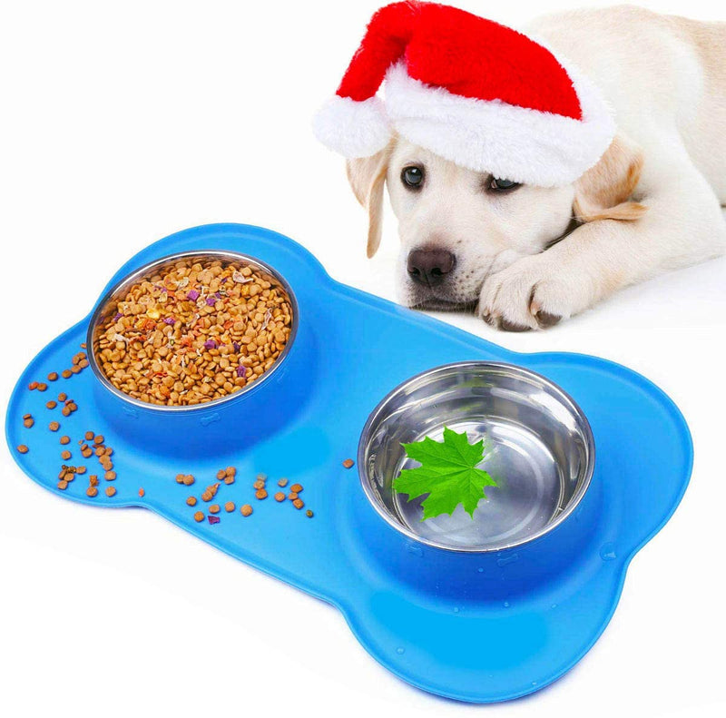 Dog Bowls with Anti-Overflow and Anti-Skid Silicone Dog Food Mat, Stainless Steel Feeder Easy to Clean for Small Medium Large Dogs Cats Pets