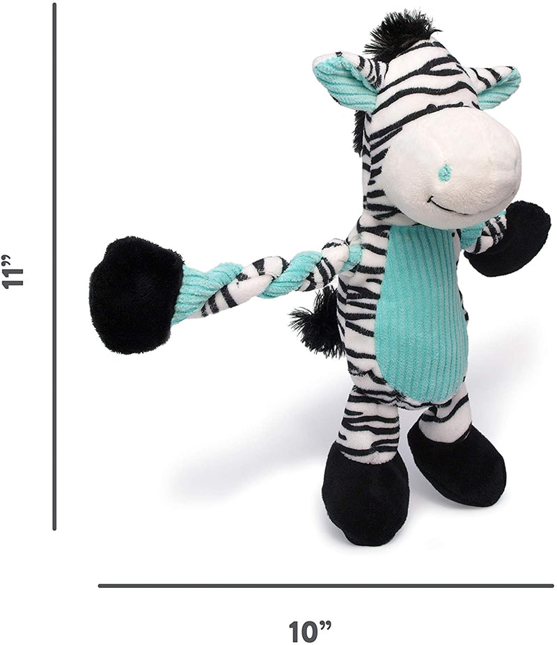 Pet Pulleez Zebra Squeaky Plush Dog Toy with Ropes for Pull-Through Tugging Action, Blue