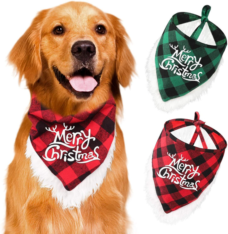 Dog Bandana, Christmas Classic Buffalo Plaid with White Plush Edges Printing Dog Bandana, Pets Scarf Triangle Bibs Kerchief Costume Accessories for Small Medium Large Dogs Cats Pets