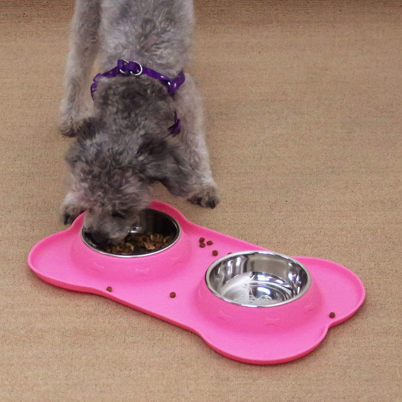 Double Bowl Pet Feeder Stainless Steel Food Water Bowls with No Spill Silicone Mat for Dogs Cats