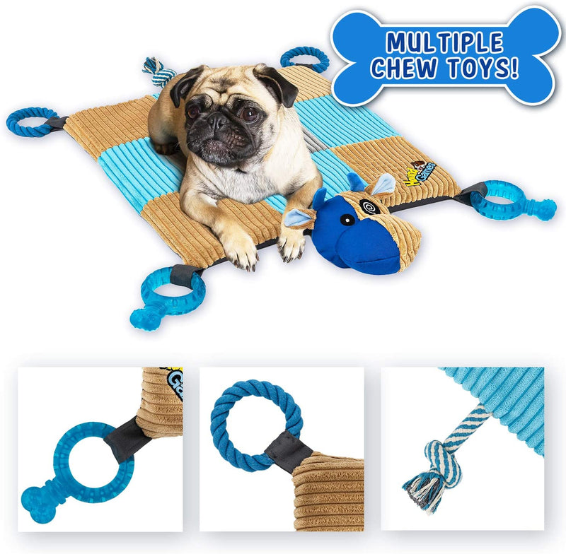 Puppy Toy Mat with Teething Chew Toys (20” x 20”) - Ropes, Squeaker Nose, Plush Padded Sleeping Mat – Durable and Machine Washable - Comfort and Fun, All-in-One