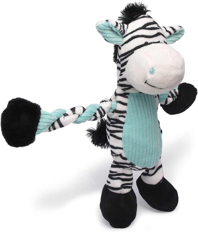 Pet Pulleez Zebra Squeaky Plush Dog Toy with Ropes for Pull-Through Tugging Action, Blue