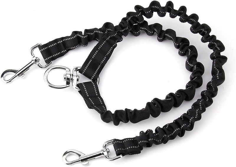 Pet Dog Double Leashes - No Tangle Dog Leash Coupler, Comfortable Shock Absorbing Reflective Bungee Lead for Nighttime Safety, Dual Dog Training Leash for Small, Medium & Large Dogs (Black)