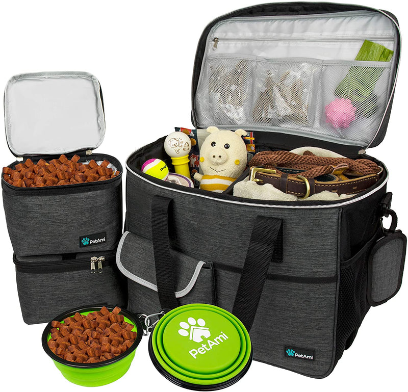 Dog Travel Bag | Airline Approved Tote Organizer with Multi-Function Pockets, Food Container Bag and Collapsible Bowl | Perfect Weekend Pet Travel Set for Dog, Cat