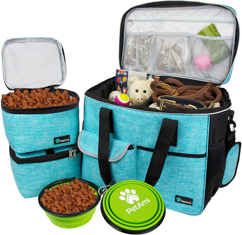 Dog Travel Bag | Airline Approved Tote Organizer with Multi-Function Pockets, Food Container Bag and Collapsible Bowl | Perfect Weekend Pet Travel Set for Dog, Cat