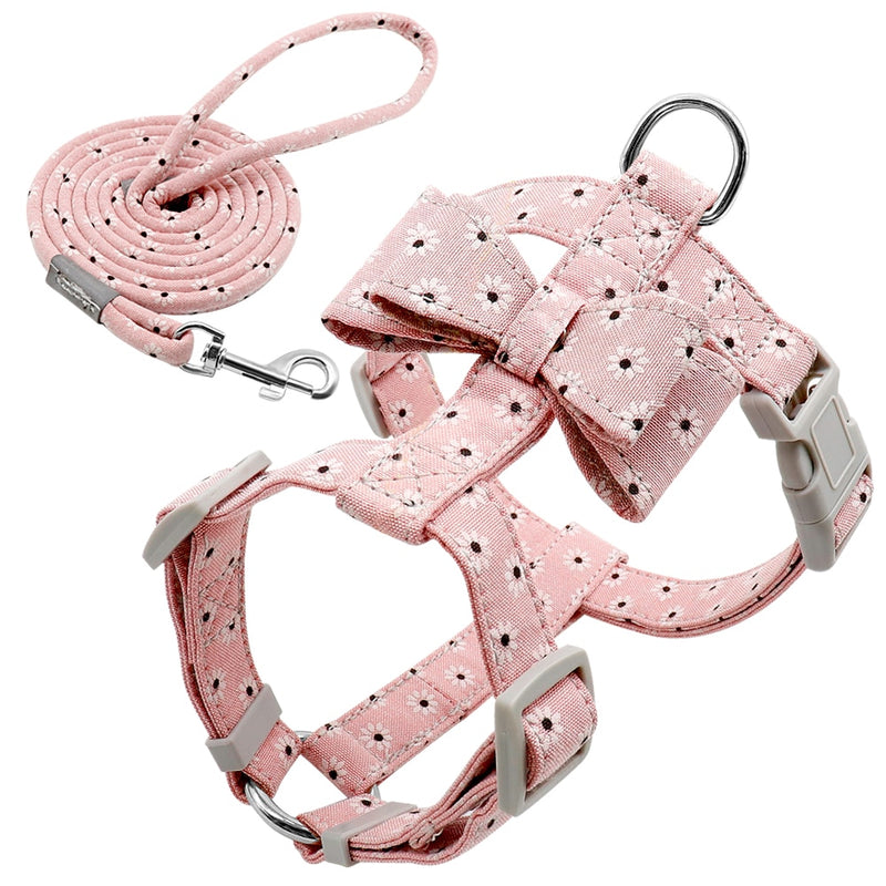 Adjustable Nylon Dog Harness Leash Set Pet Puppy Bowknot Harness Vest Walking Leash