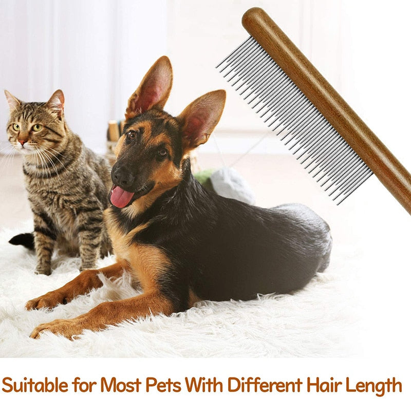 Dog Comb Comfortable Wooden Handle Short Long Teeth Pet Comb For Removing Matted Loose Hair Knot Tangles