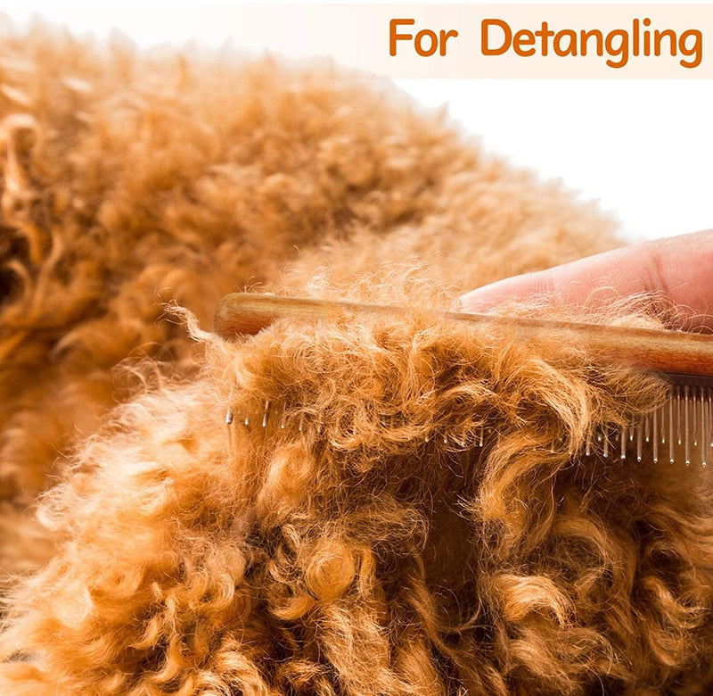 Dog Comb Comfortable Wooden Handle Short Long Teeth Pet Comb For Removing Matted Loose Hair Knot Tangles