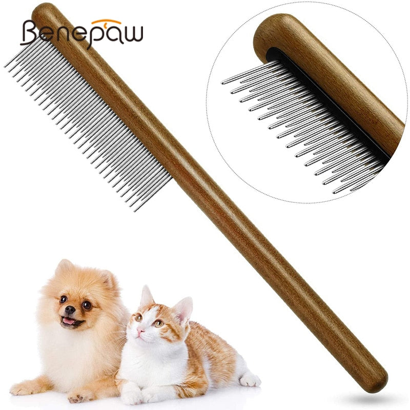 Dog Comb Comfortable Wooden Handle Short Long Teeth Pet Comb For Removing Matted Loose Hair Knot Tangles