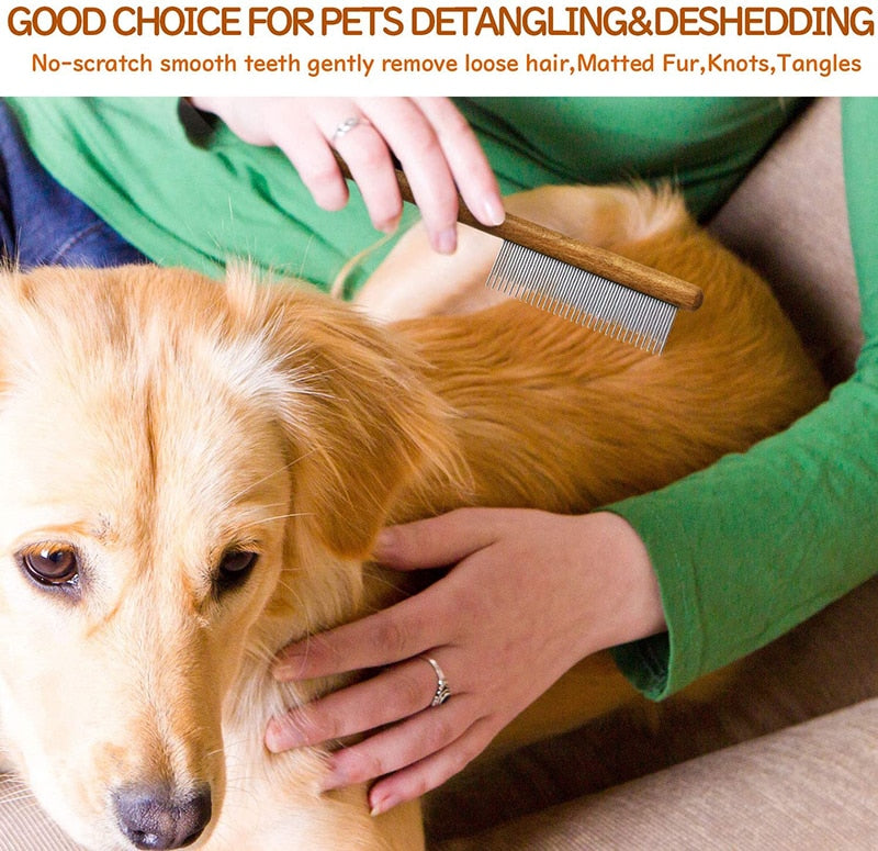 Dog Comb Comfortable Wooden Handle Short Long Teeth Pet Comb For Removing Matted Loose Hair Knot Tangles