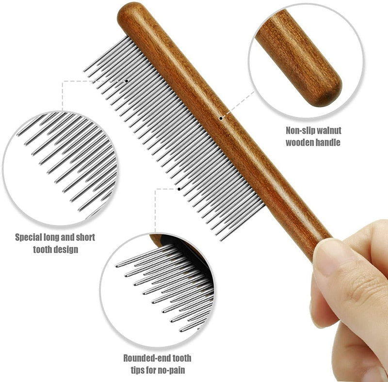 Dog Comb Comfortable Wooden Handle Short Long Teeth Pet Comb For Removing Matted Loose Hair Knot Tangles