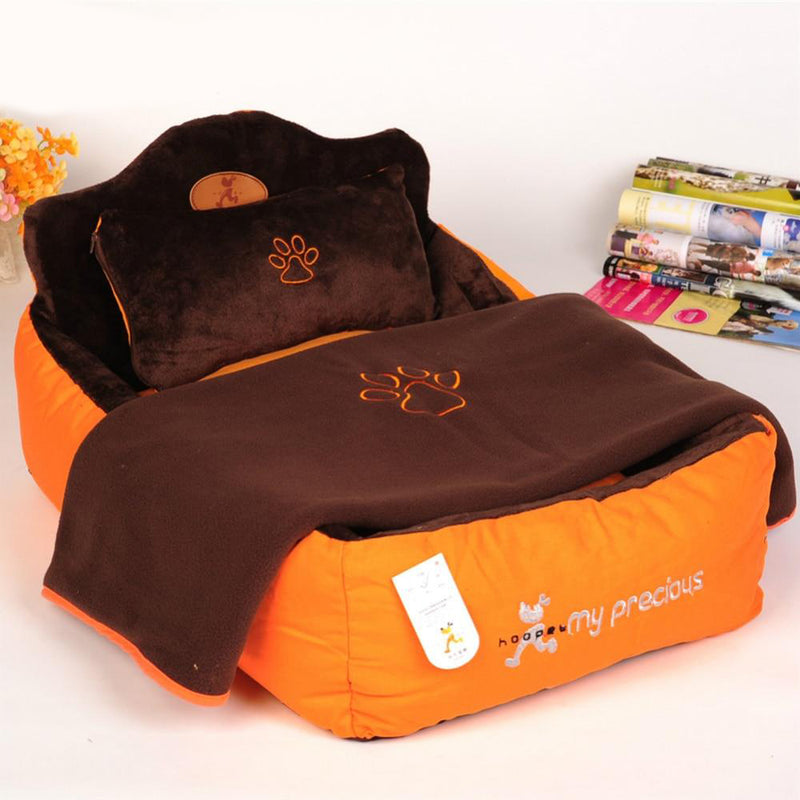 Pet Bed With Pillow Blanket Dog Bed Cat Mat Sofa Warm  Dog House Nest Sleep Cushion Orange Kennel