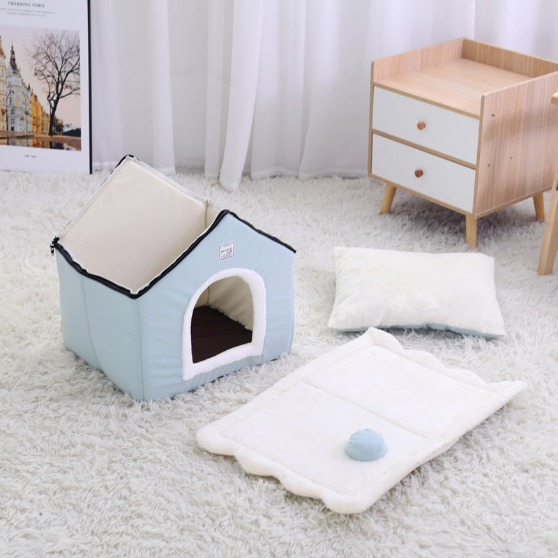 Winter Cat House Warm Washable Dog Bed Removable Cover Non Slip Bottom Pet Cave Small Dog Rabbit Nest With Mat