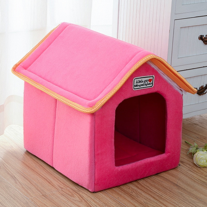 Pet House Foldable Bed With Mat Soft Winter Leopard Dog Puppy Sofa Cushion House Kennel Nest Dog Cat Bed For Small Medium Dogs