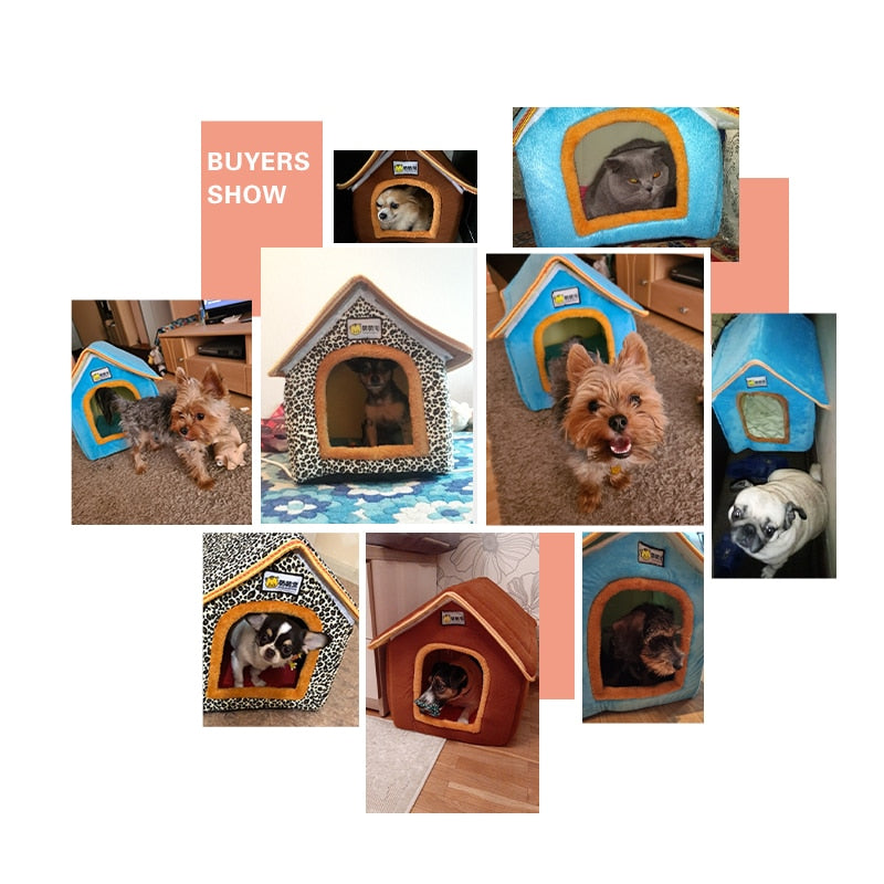 Pet House Foldable Bed With Mat Soft Winter Leopard Dog Puppy Sofa Cushion House Kennel Nest Dog Cat Bed For Small Medium Dogs