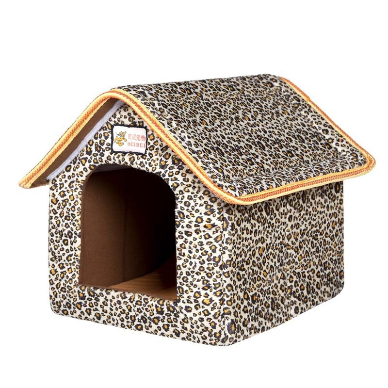 Pet House Foldable Bed With Mat Soft Winter Leopard Dog Puppy Sofa Cushion House Kennel Nest Dog Cat Bed For Small Medium Dogs