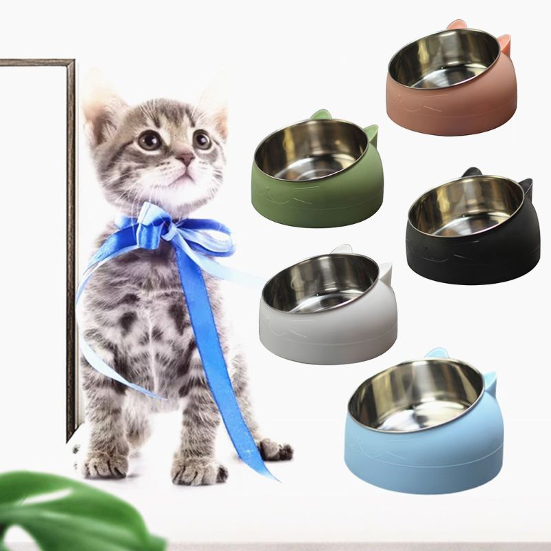 Stainless Steel Cute Cat and Dog Bowl Protection Cervical Vertebra Feeding Dishes Oblique Mouth Pet Stainless Steel Food Bowls