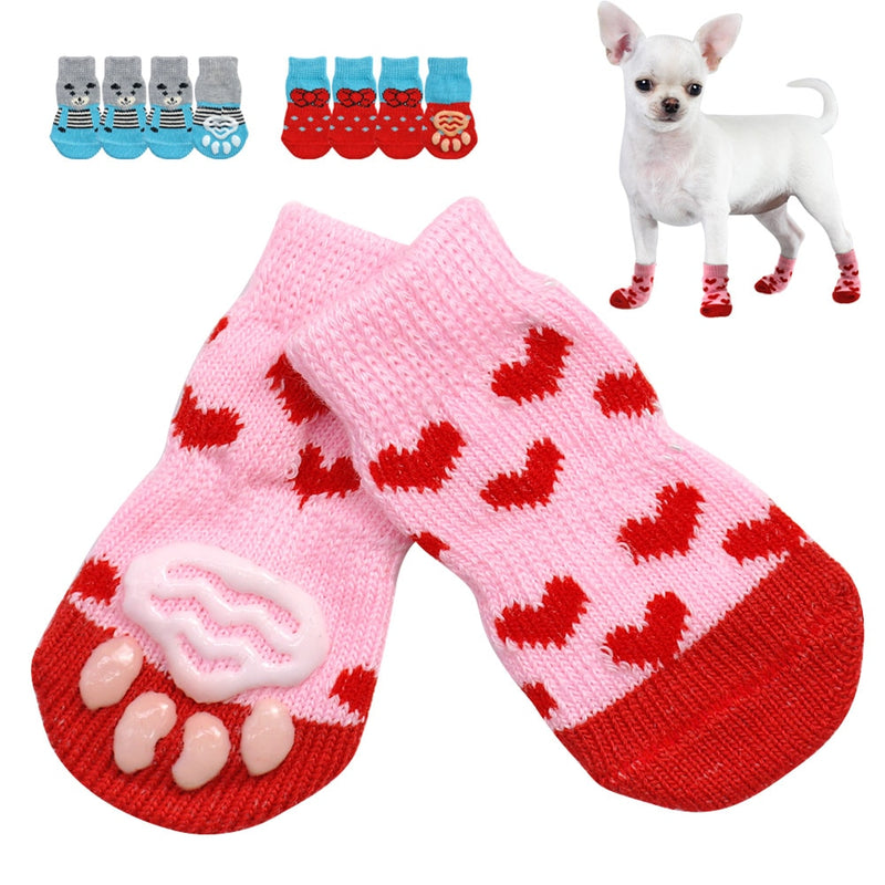 4PCS Cute Puppy Dog Knit Socks Cotton Anti-Slip Cat Shoes For Autumn Winter